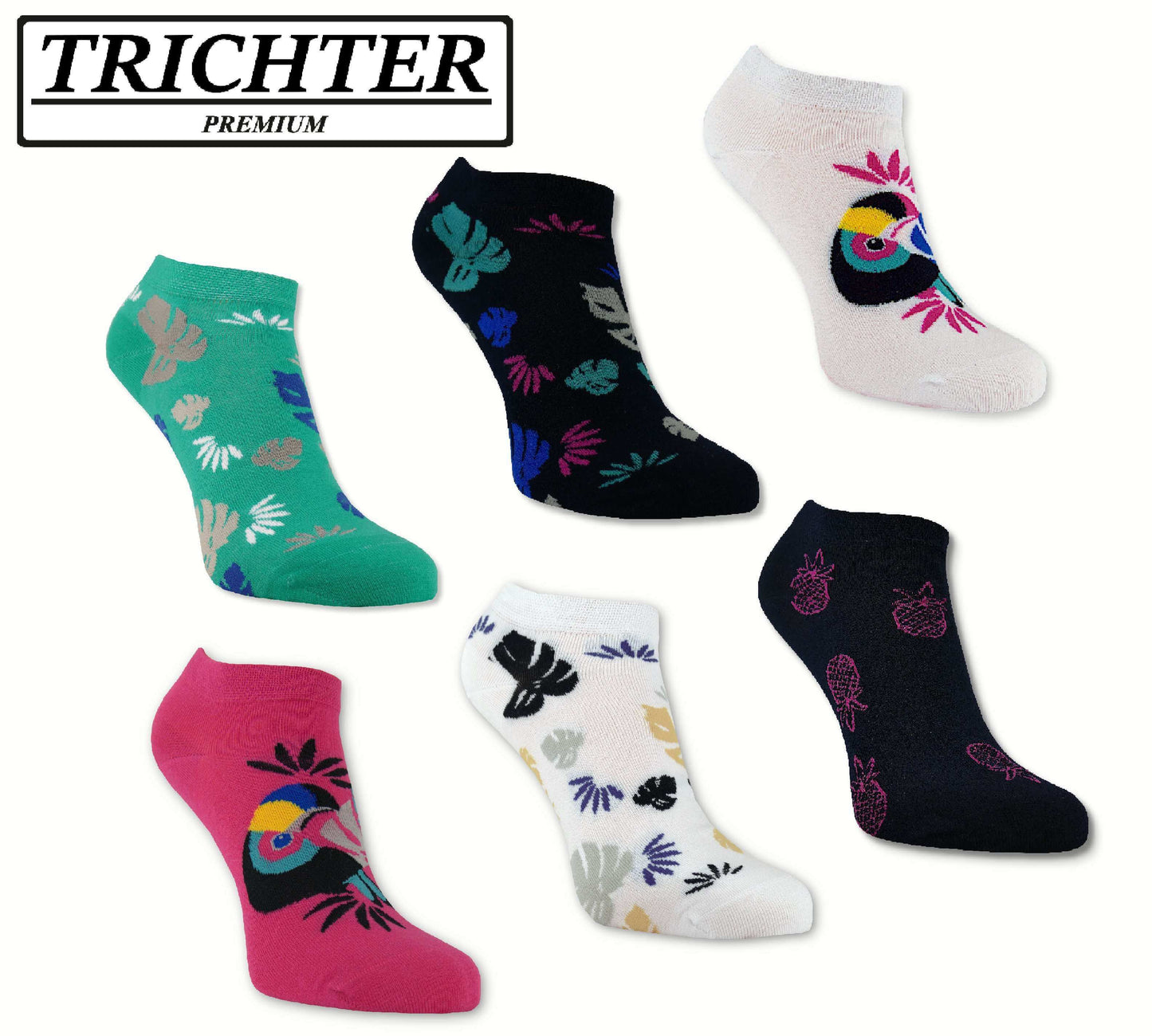 Trichter® 6 Paar Bunte Sneaker-Socken Set für Damen Tucan Füssling für Frauen - Damen Sneakersocken Füßlinge - www.Socken-Center24.de