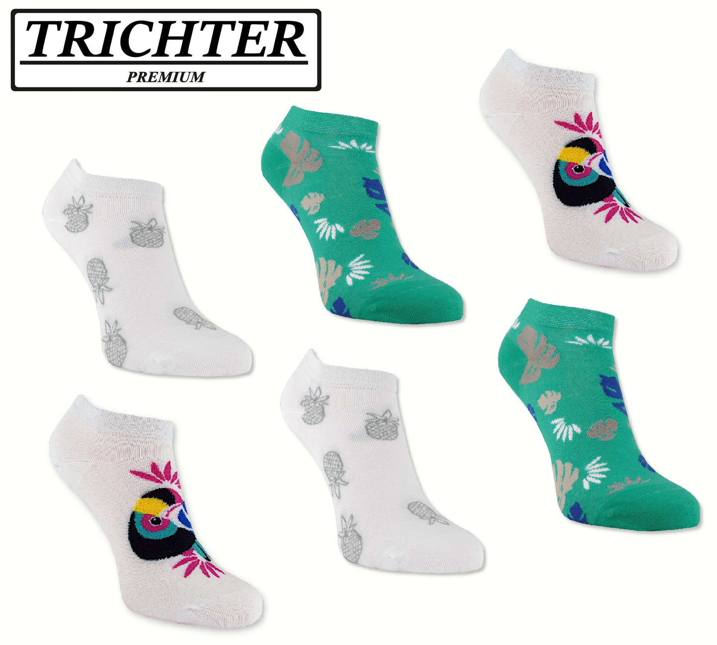 Trichter® 6 Paar Bunte Sneaker-Socken Set für Damen Tucan Füssling für Frauen - Damen Sneakersocken Füßlinge - www.Socken-Center24.de