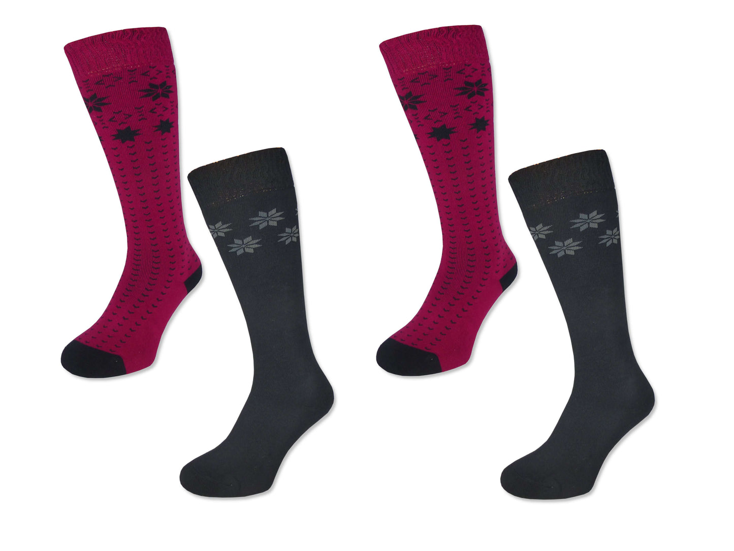 4 Paar Damen Winter Ski Kniestrümpfe Dick + Warm Trachten Baumwolle Schneestern - Damen Thermosocken - www.Socken-Center24.de