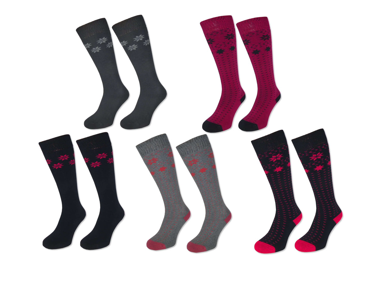 4 Paar Damen Winter Ski Kniestrümpfe Dick + Warm Trachten Baumwolle Schneestern - Damen Thermosocken - www.Socken-Center24.de