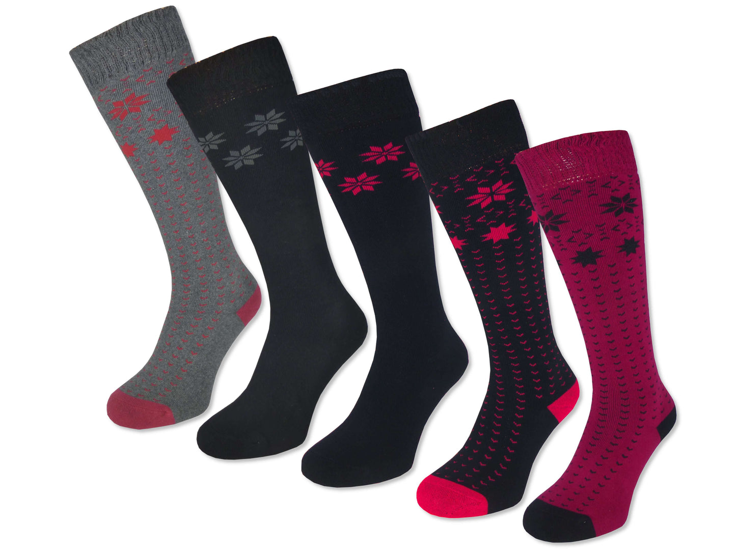 4 Paar Damen Winter Ski Kniestrümpfe Dick + Warm Trachten Baumwolle Schneestern - Damen Thermosocken - www.Socken-Center24.de