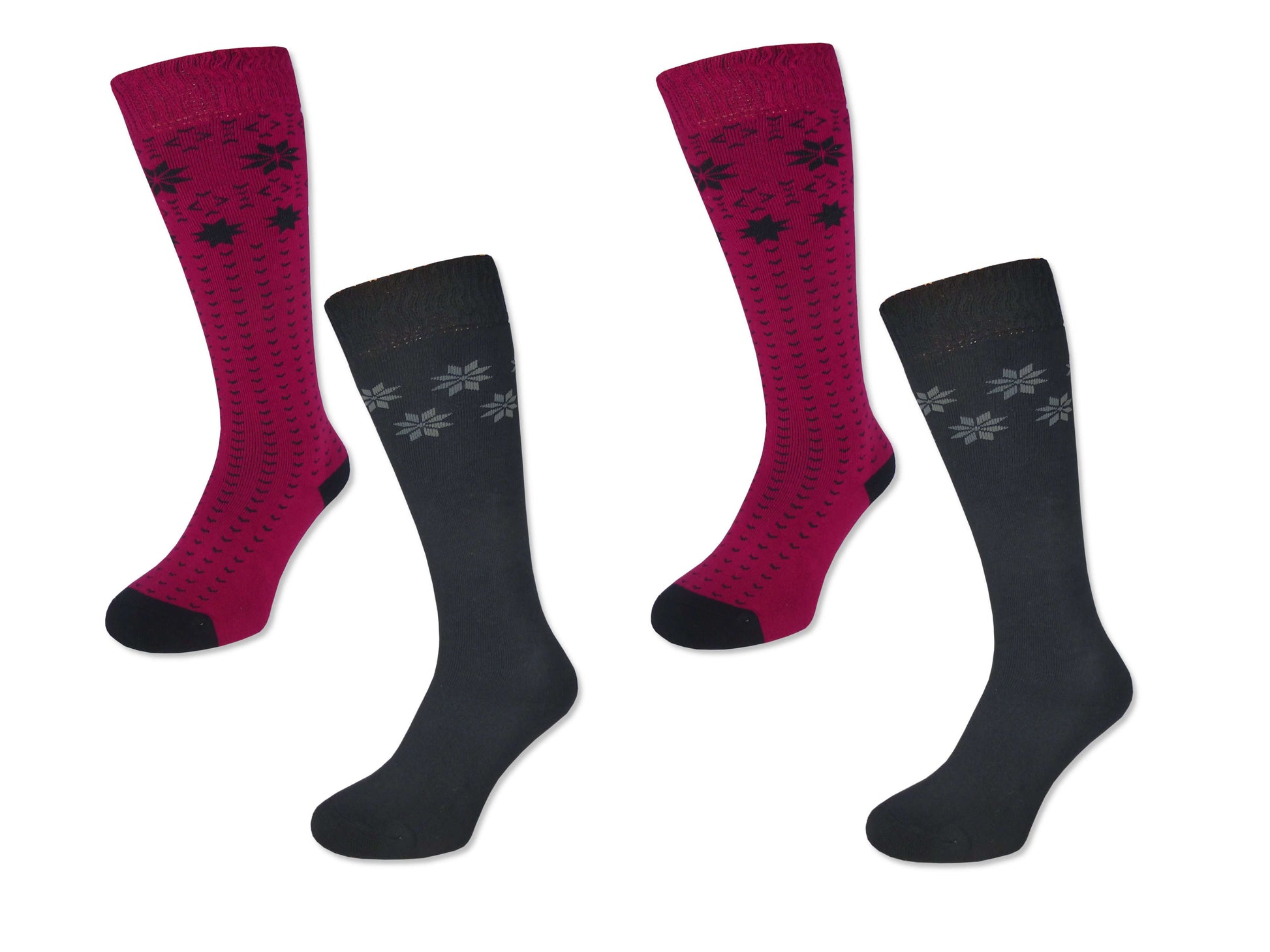 4 Paar Damen Winter Ski Kniestrümpfe Dick + Warm Trachten Baumwolle Schneestern - Damen Thermosocken - www.Socken-Center24.de